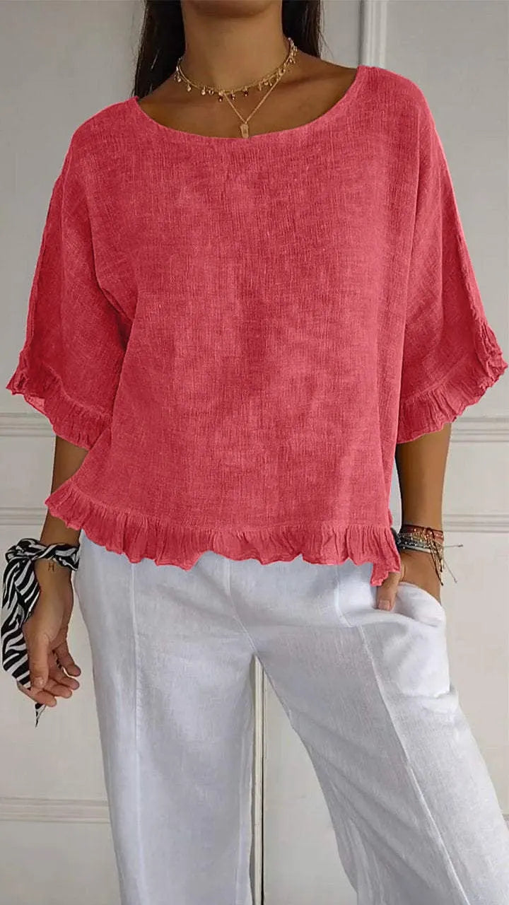 Round Neck Ruffled Hem Mid-sleeve Cotton and Linen Top (Buy 2 Free Shipping)