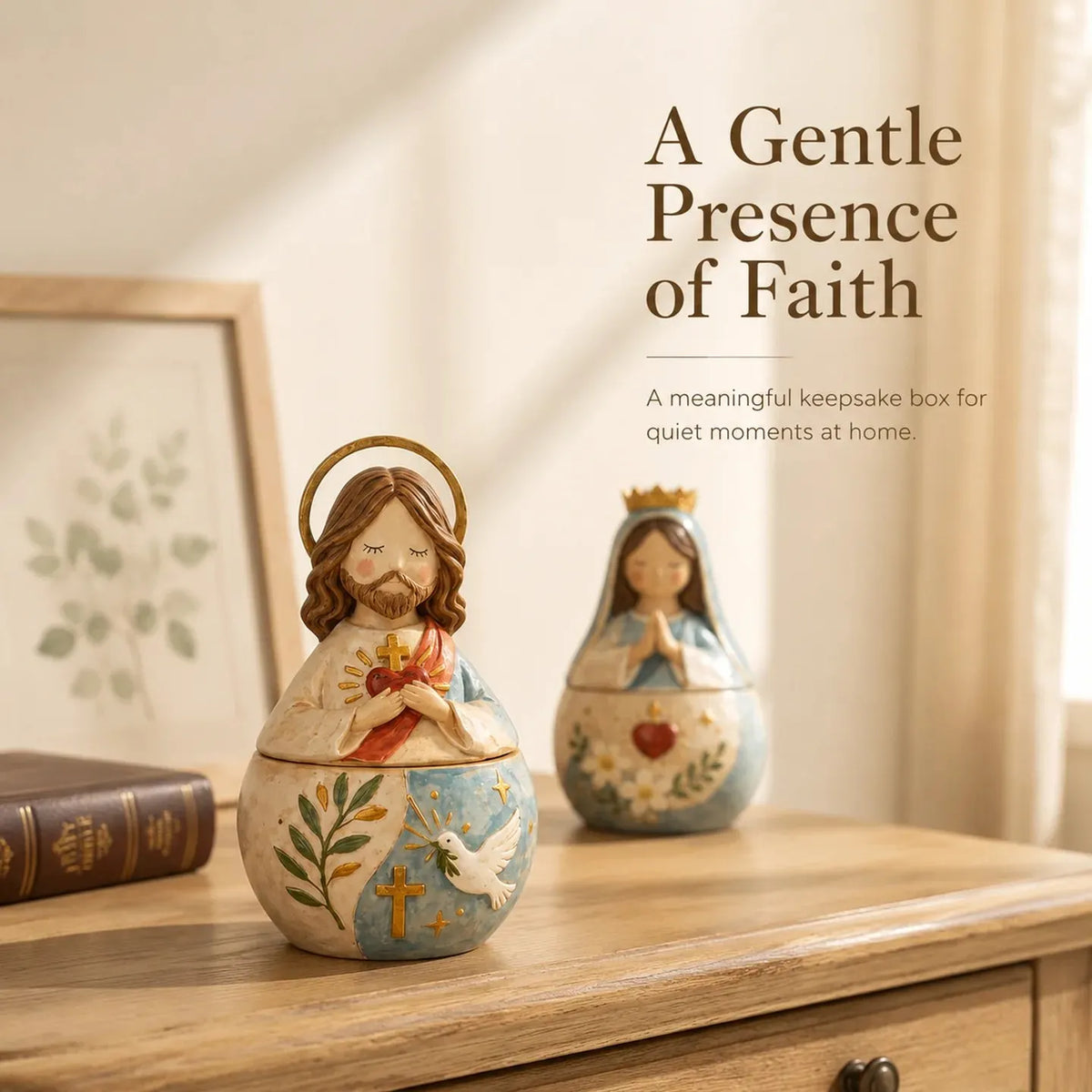 ✨ Divine Grace Collection: Hand-Painted Sacred Heart Jesus & Blessed Mary Keepsake Box