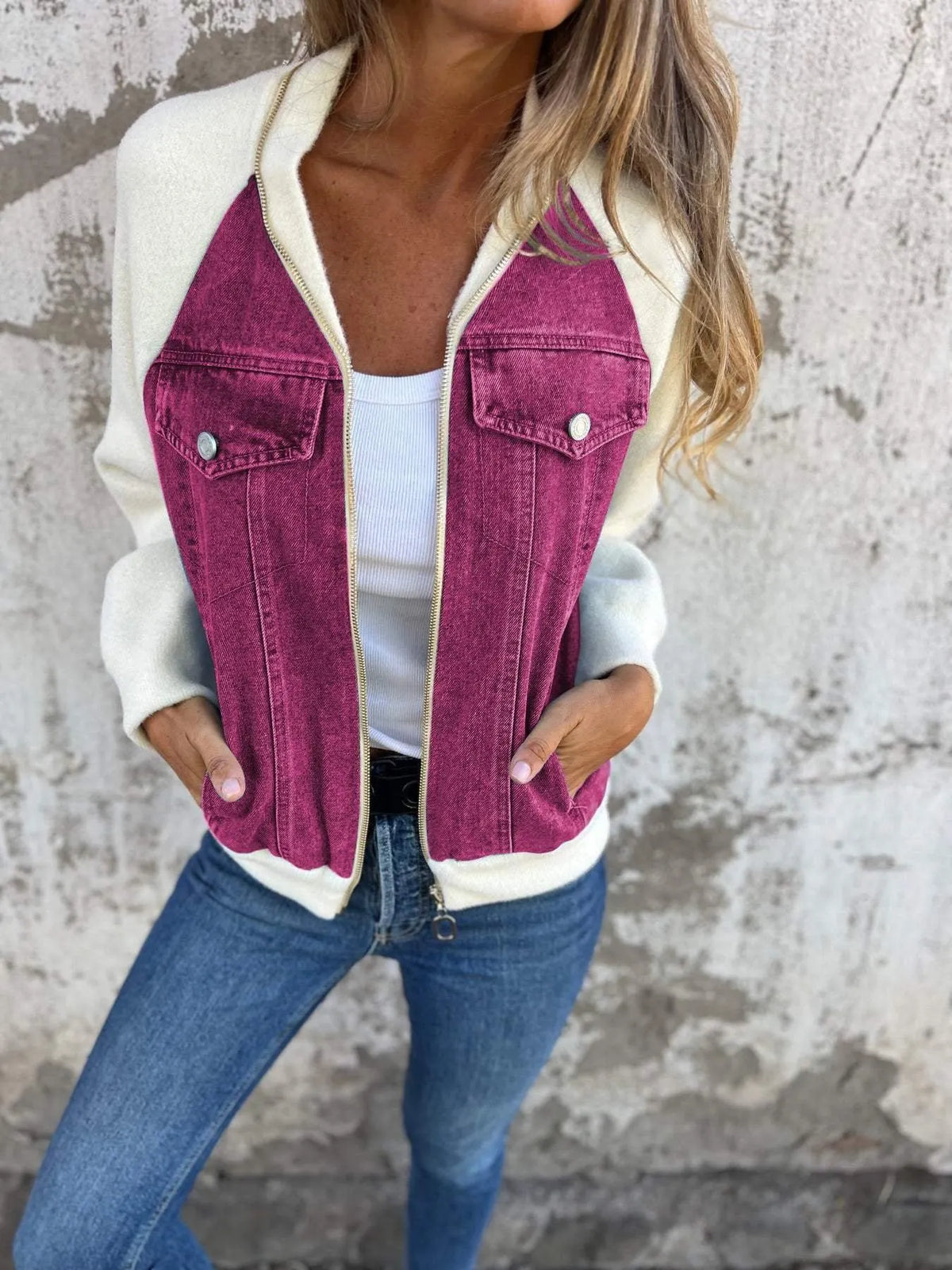 Patchwork Raglan Sleeves Denim Zipper Jacket (Buy 2 Free Shipping)