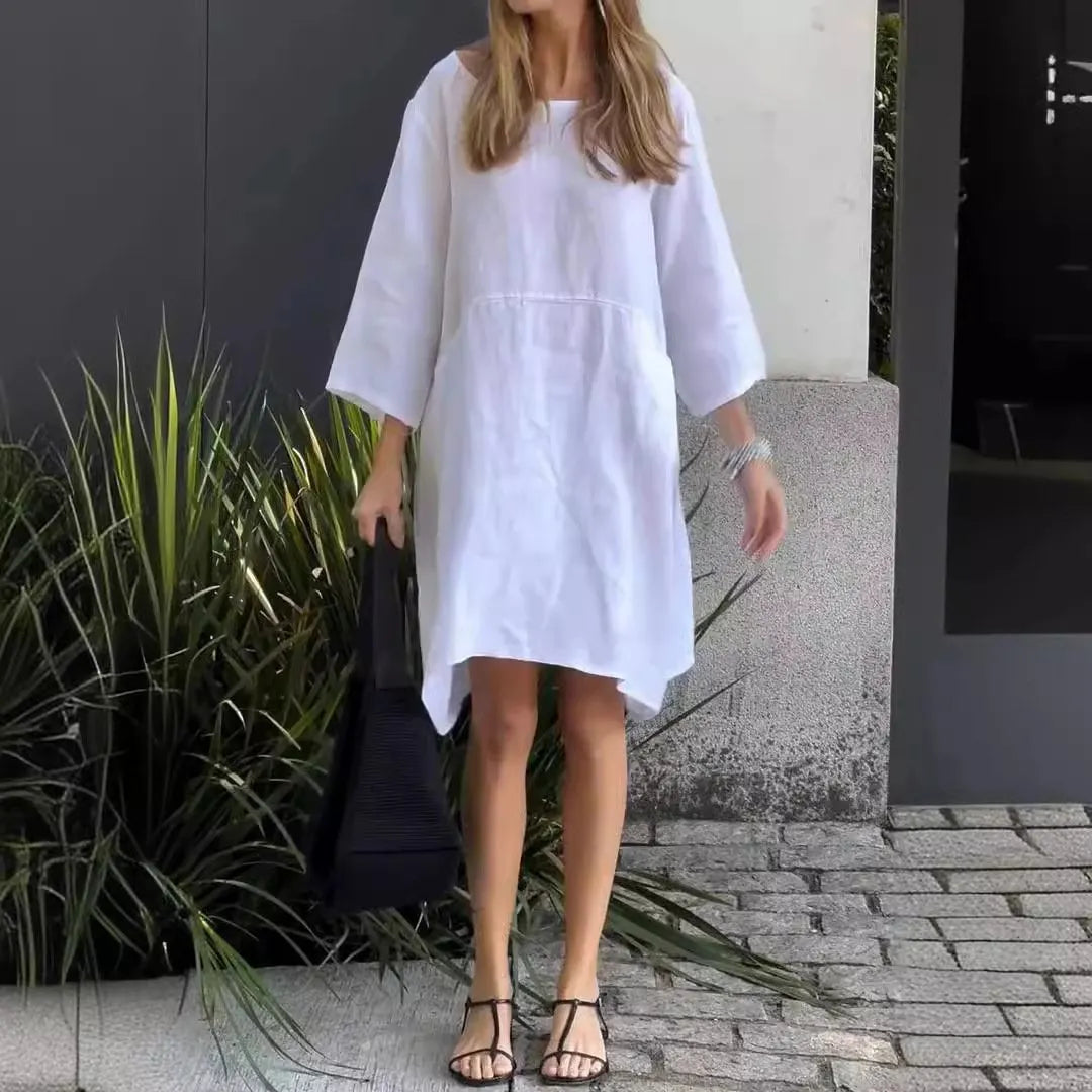 Solid Color Loose Casual Pocket Cotton-Linen Dress (Buy 2 Free Shipping)