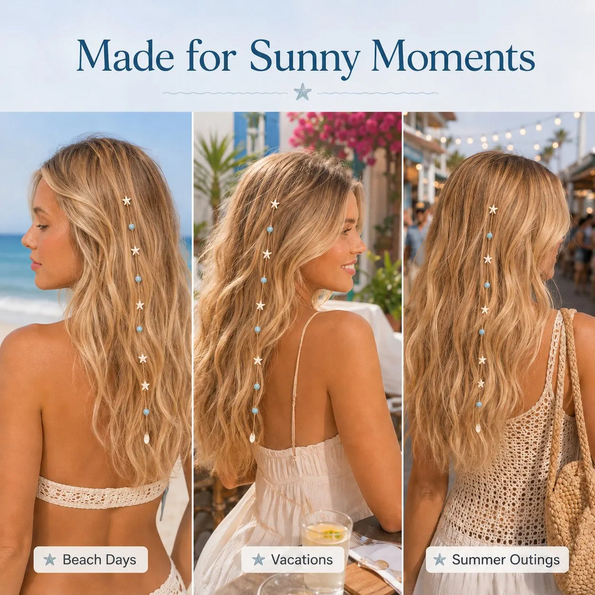 🔥HOT SALE🔥🌊⭐Beachy Mermaid Hair Accent Clip (Featuring blue bead accents, starfish, and shell charms)