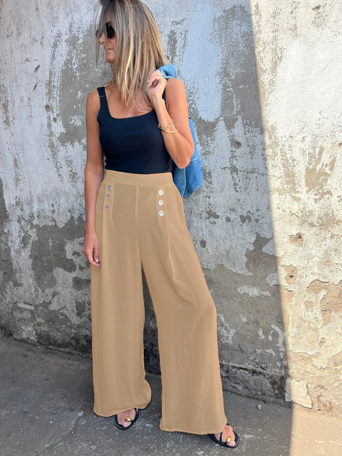 Women's Button-Decorated Loose-Fit Wide-Leg Pants