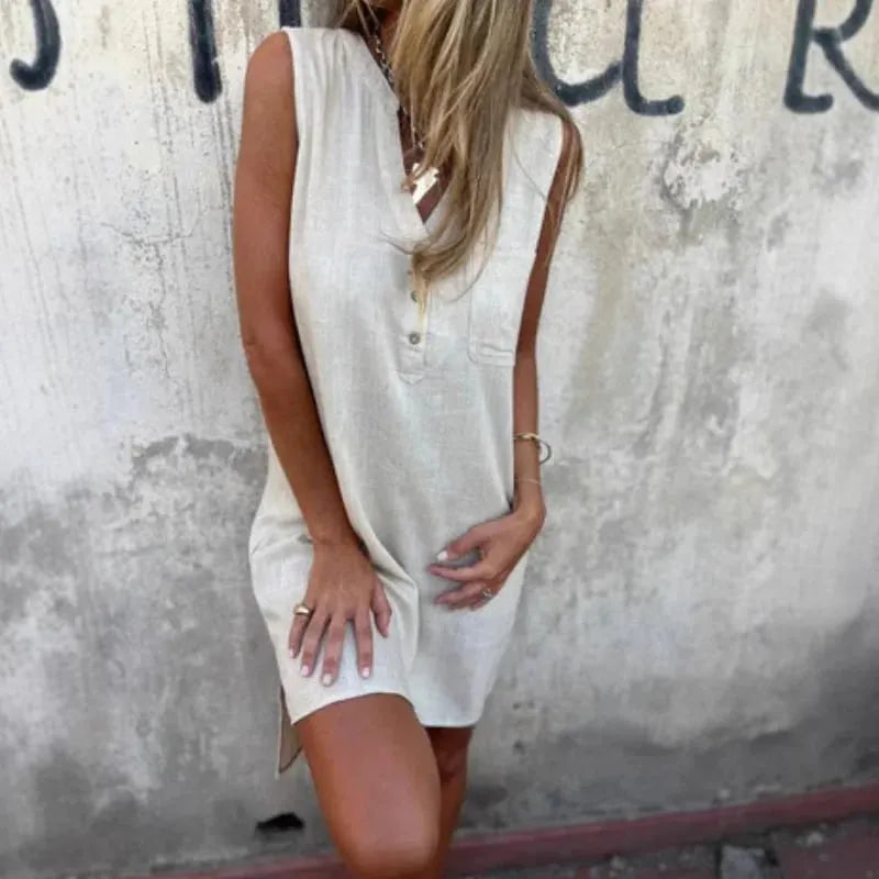 Women's sleeveless button-front V-neck dress