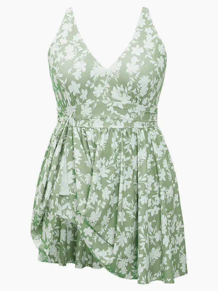 Floral Print V Neck Ruffle Hem Ruched Detail Swim Dress