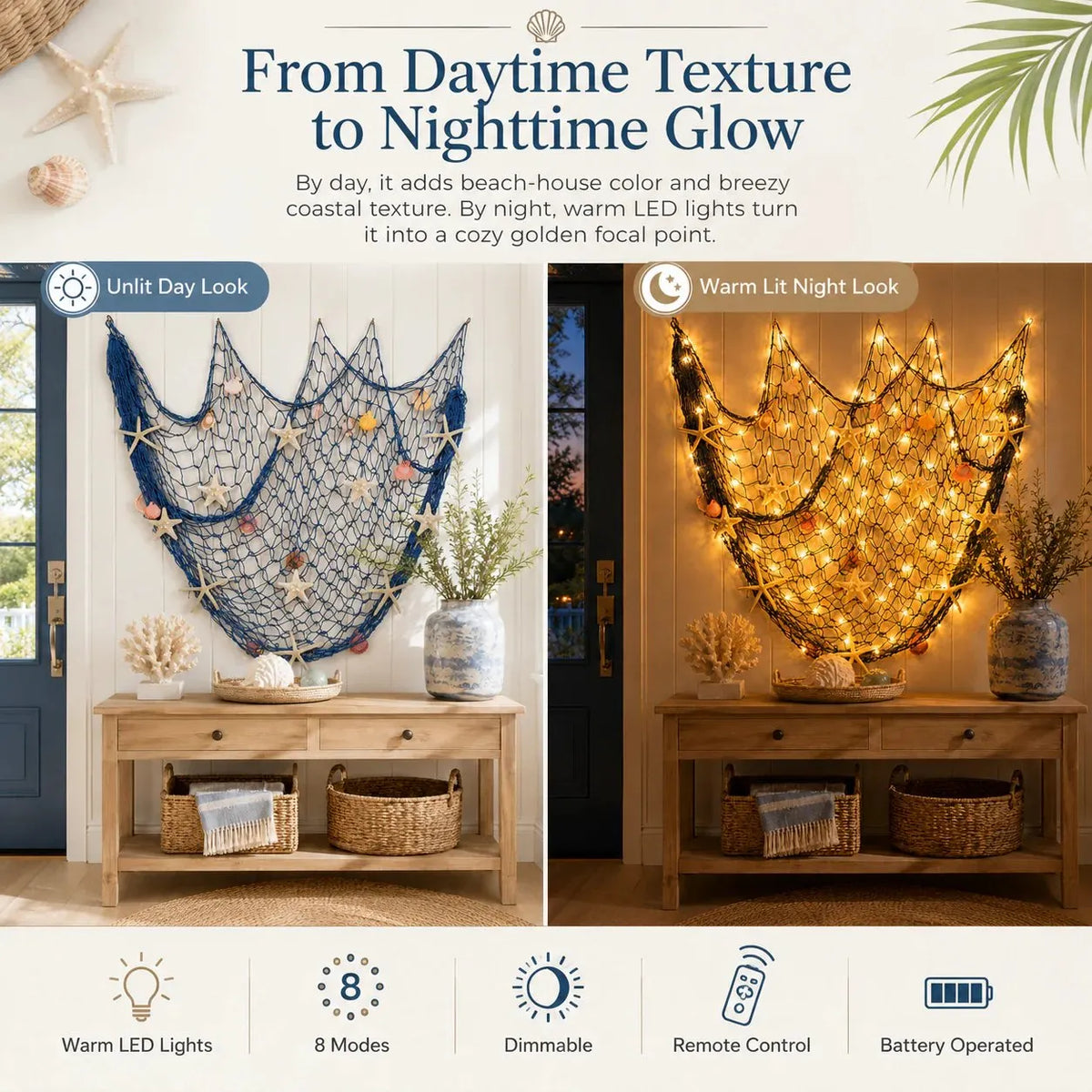 🔥HOT SALE🔥🌊✨ Coastal Fishing Net Wall Hanging with Fairy Lights