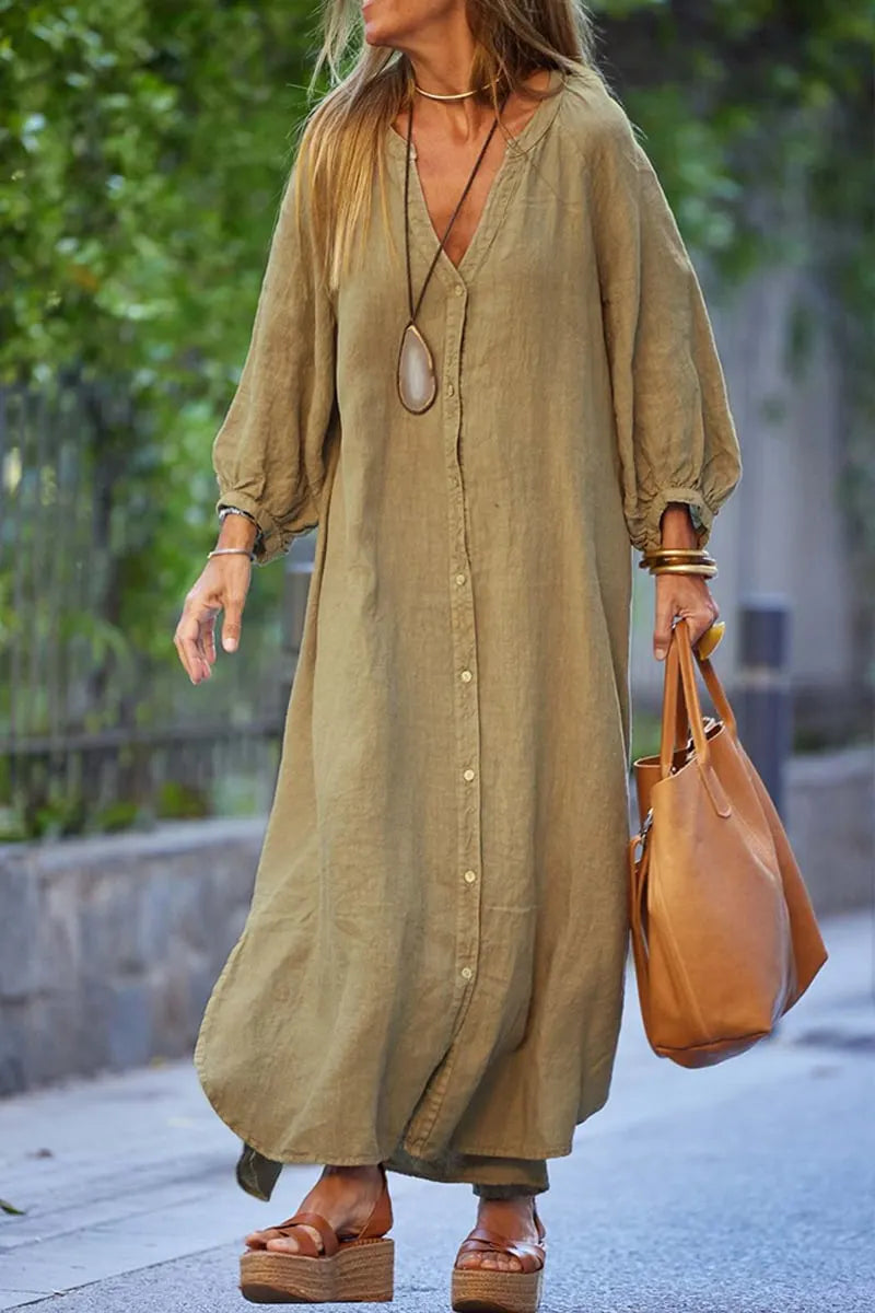 🌸Women’s Minimalist Cotton Linen V-neck Long Dress (Buy 2 Free Shipping)