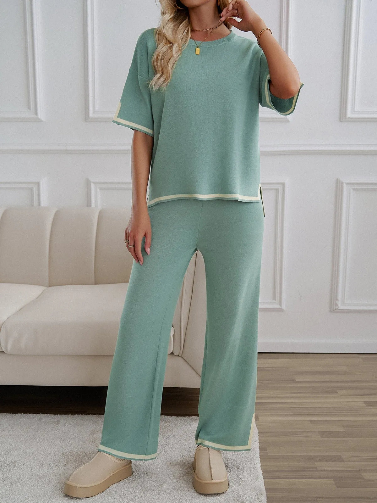 Chic Short Sleeve Knitted Pants Set