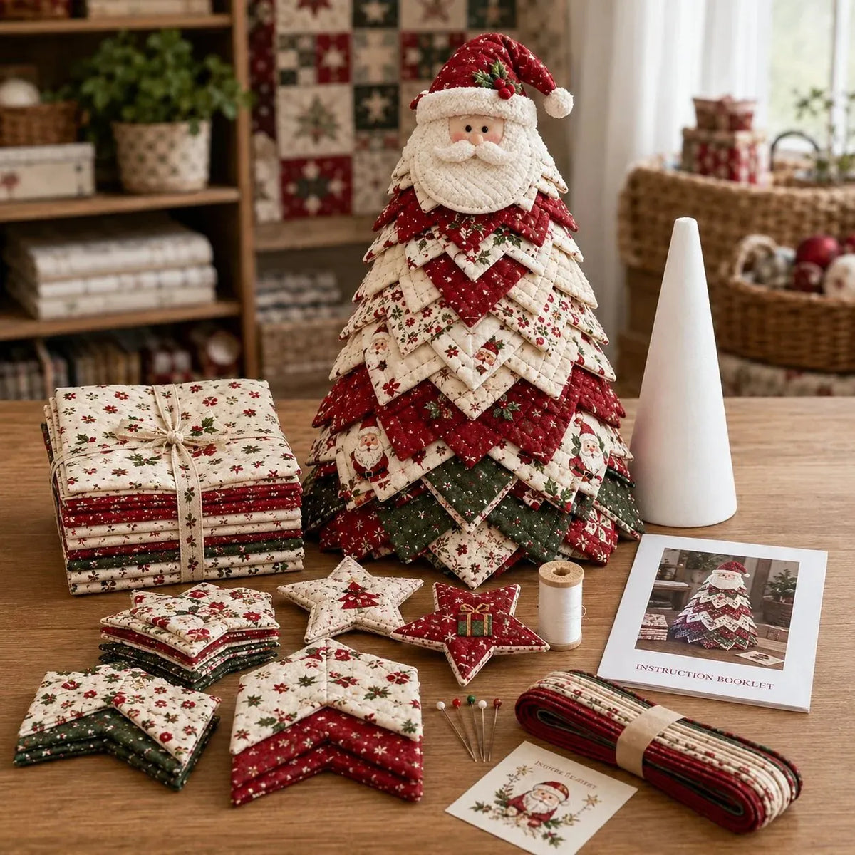 🔥HOT SALE🔥LAST DAY 50% OFF - 🎄DIY Quilted Santa Christmas Tree Kit – Handmade Fabric Holiday Tabletop Tree Decor