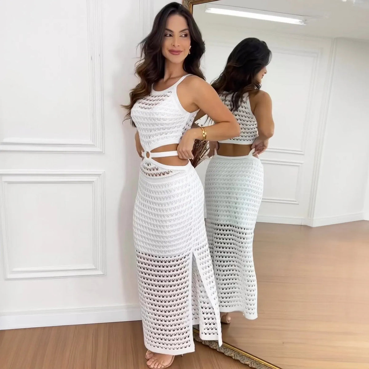 Stunning Gaze Knit Texture Ring Side Waist Cutout Stretch Maxi Dress (Buy 2 Free Shipping)