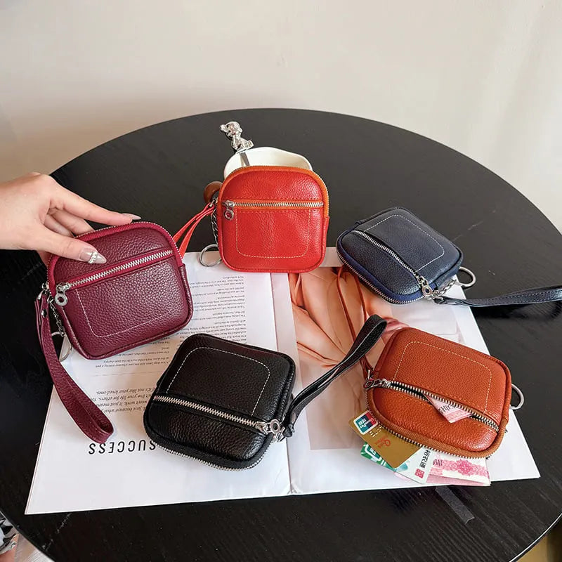 🌟 Genuine Leather Mini Square Card Wallet - Compact Zipper Coin Purse & Keychain Pouch for Men & Women