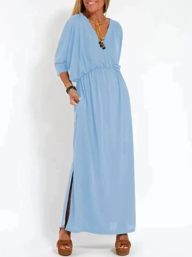 Elegant Solid Color High Waist V-Neck Maxi Dress