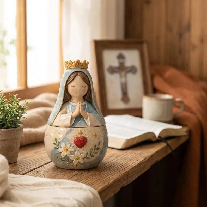 ✨ Divine Grace Collection: Hand-Painted Sacred Heart Jesus & Blessed Mary Keepsake Box