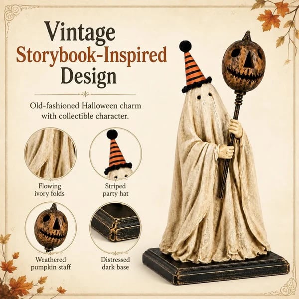 🎉🎃Lighted Vintage Ghost Figurine with Glowing Pumpkin Staff