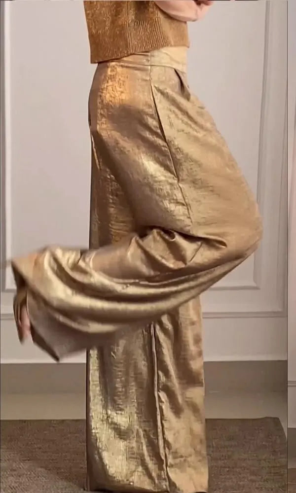 Women's Golden Thread Short-sleeved Top and Pant Suit Two-piece