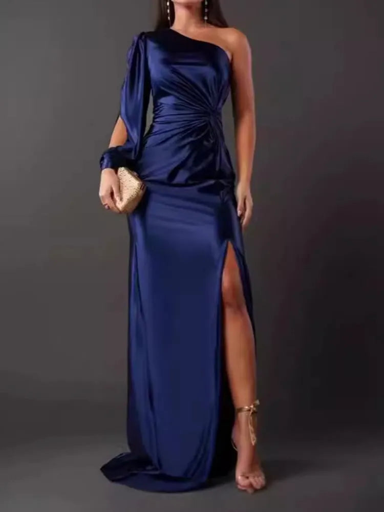 Slanted Collar Ruched Waist & Slit Sexy Long Dress