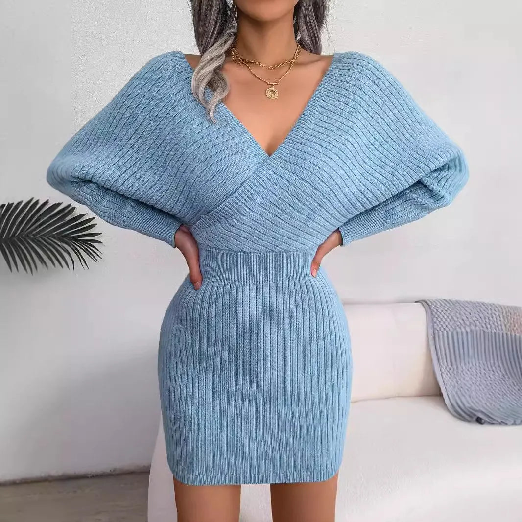 Sexy Knit Mini Dress with Long Batwing Sleeves