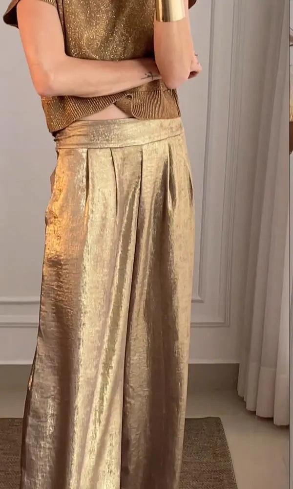 Women's Golden Thread Short-sleeved Top and Pant Suit Two-piece