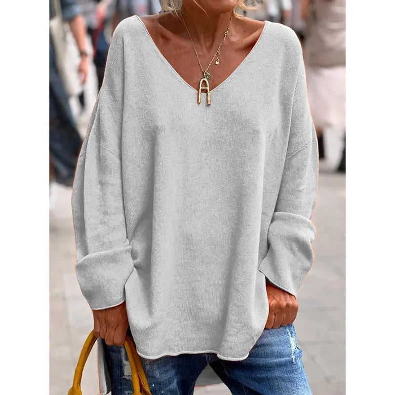 Women's V-Neck Casual Dipped Hem Oversized Sweater