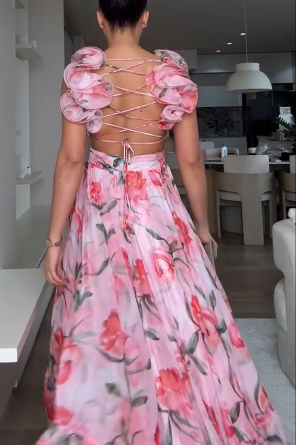 Women's V-neck Waist-tied Back Tie-up Elegant A-line Printed Dress