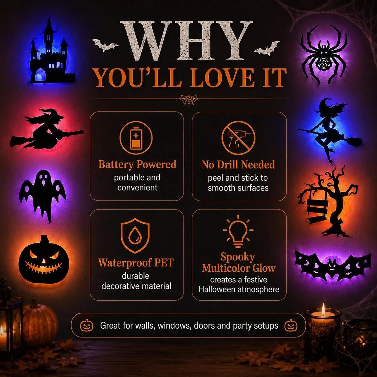 🎃Halloween LED Silhouette Wall Stickers – 🖤Spooky Peel & Stick Light-Up Decor