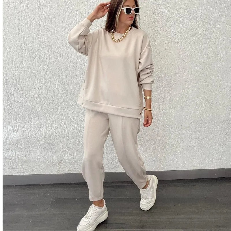 Metal Button Split Long Sleeve Top and Sporty Tapered Pants