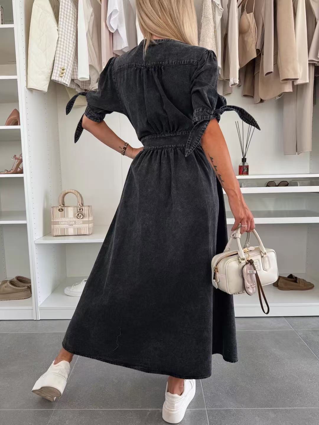Women's V-Neck Button Down Denim Dress