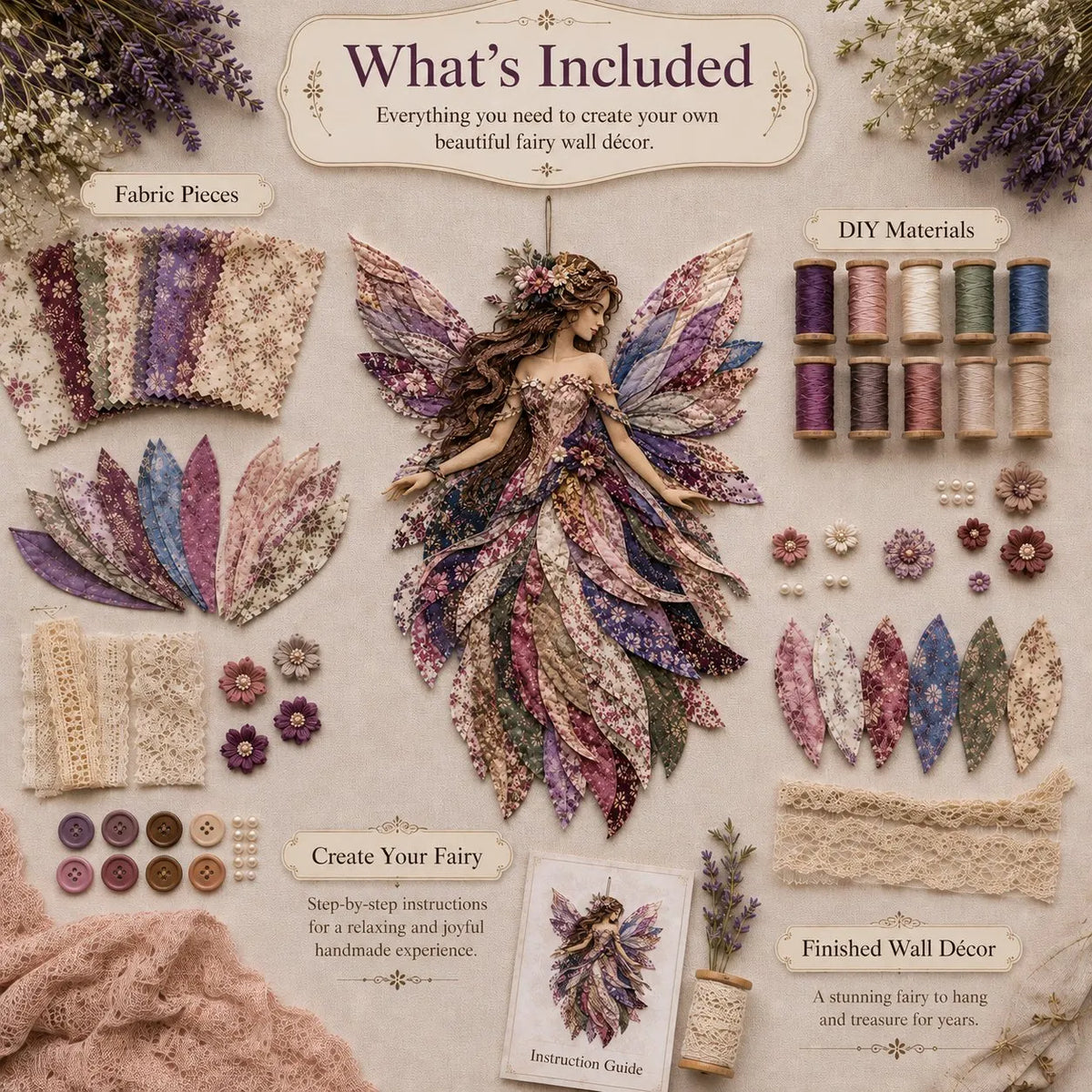 🔥HOT SALE🔥🧚‍♀️🌸 Premium Fairy Patchwork DIY Kit | High-Quality Layered Fabric with Floral Wings DIY Handmade Fantasy Wall Decor ✨15*12cm