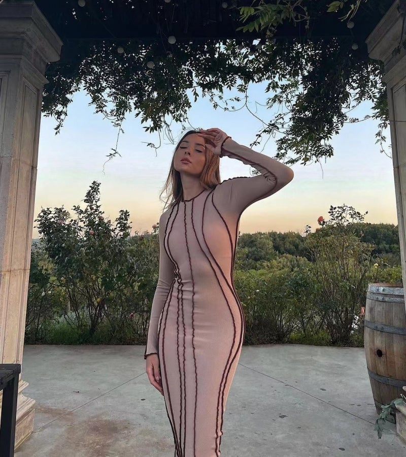 Autumn and Winter Sunken Stripe round Edge Dress Women's Clothing
