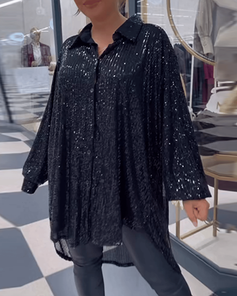 Sequined lapel asymmetrical casual shirt