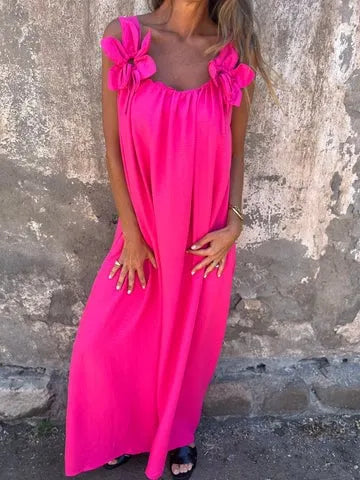 💕 Solid color dress for women with floral strap and U-neckline