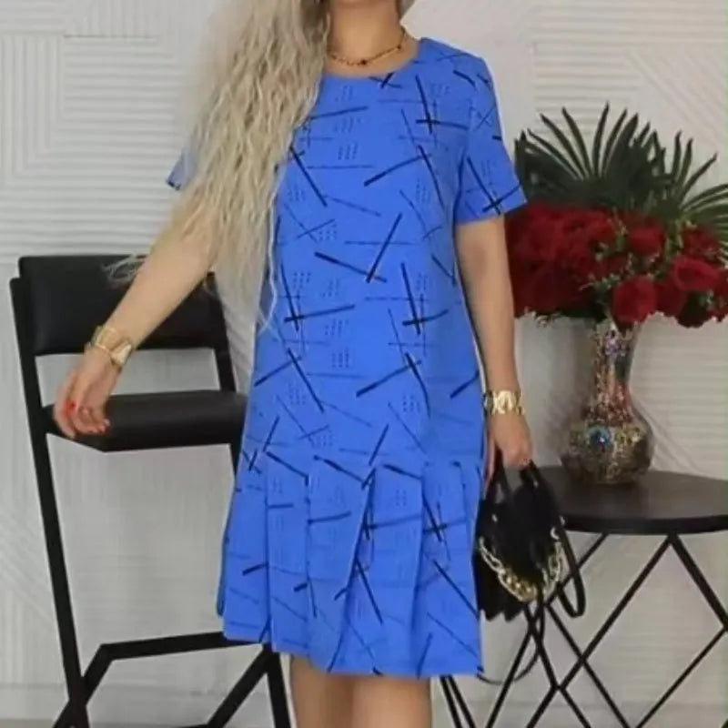 Women’s Trendy Print Loose Fit Short Sleeve Pleated Dress