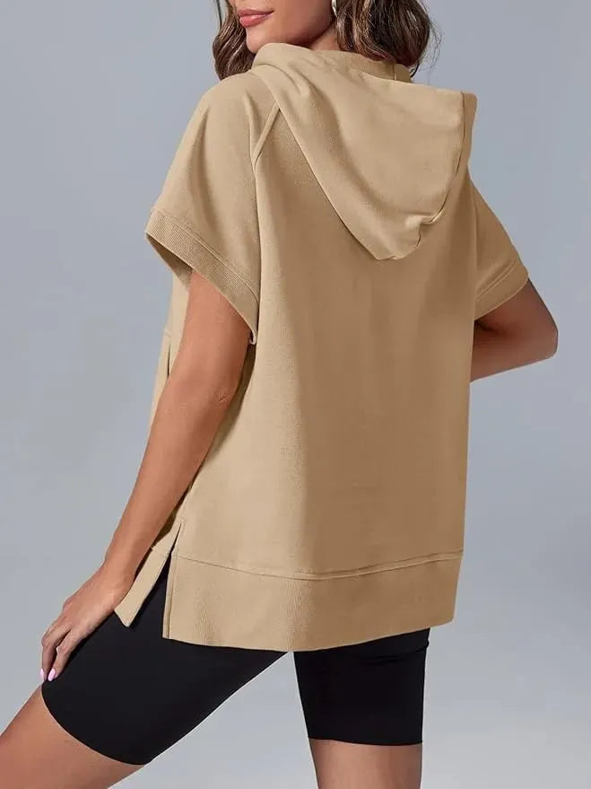 Oversized Casual Half Zip Short Sleeve Pullover Tops with Pockets (Buy 2 Free Shipping)