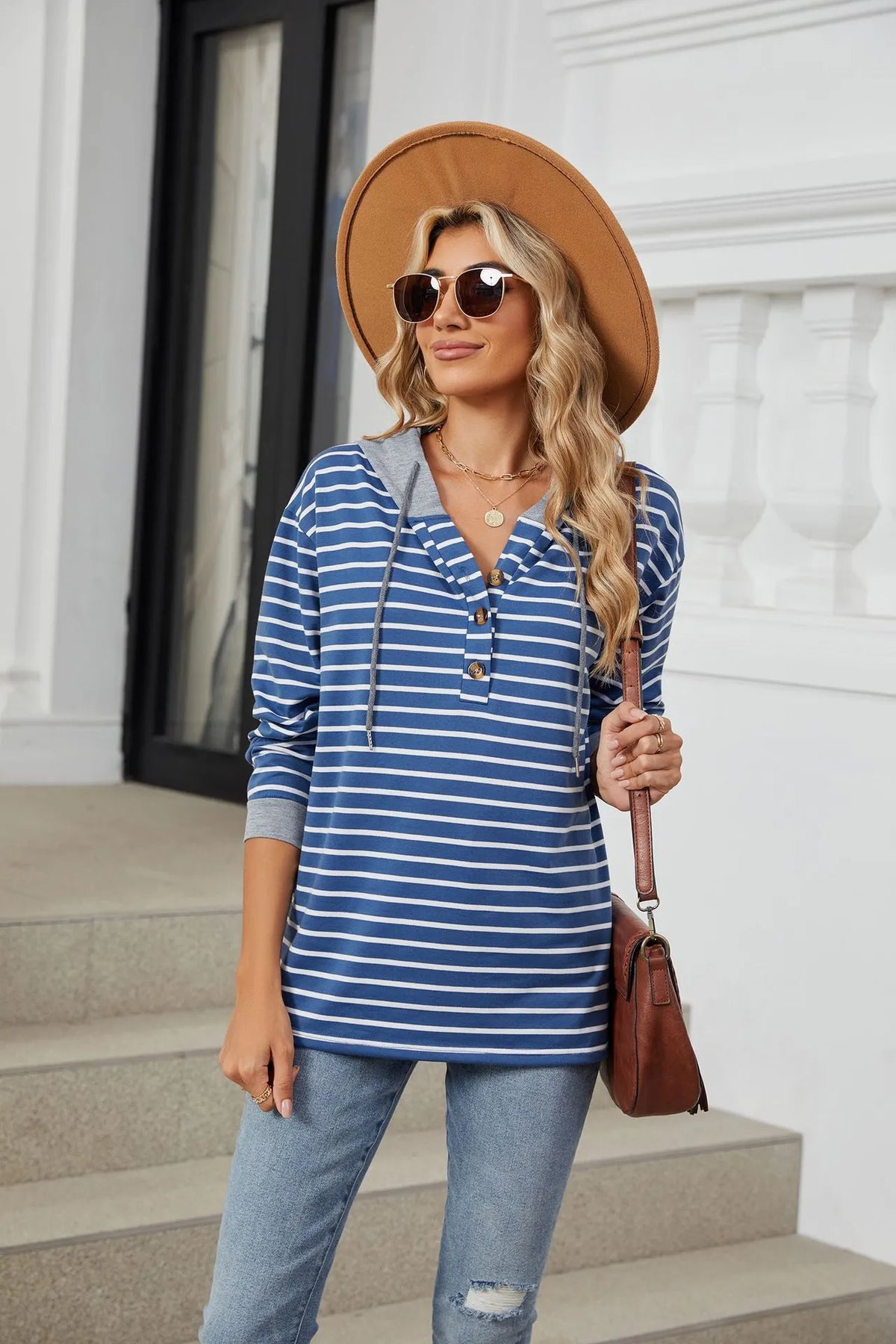 Women's Casual Pullover Button Up Drawstring Hoodie