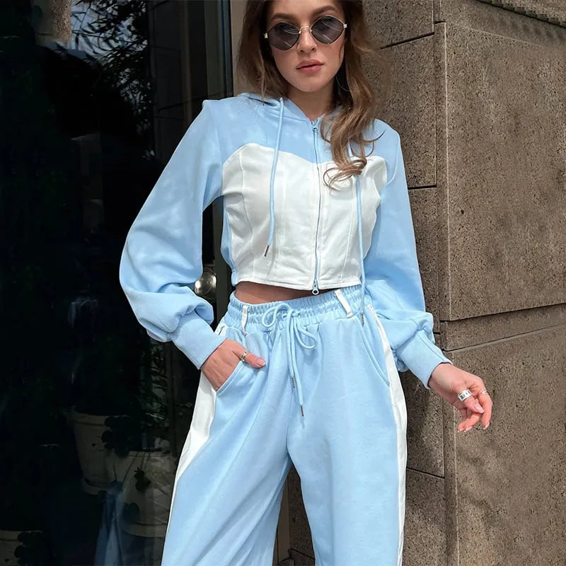 Women's Hooded Denim Patchwork Sweatshirt Two-piece Set