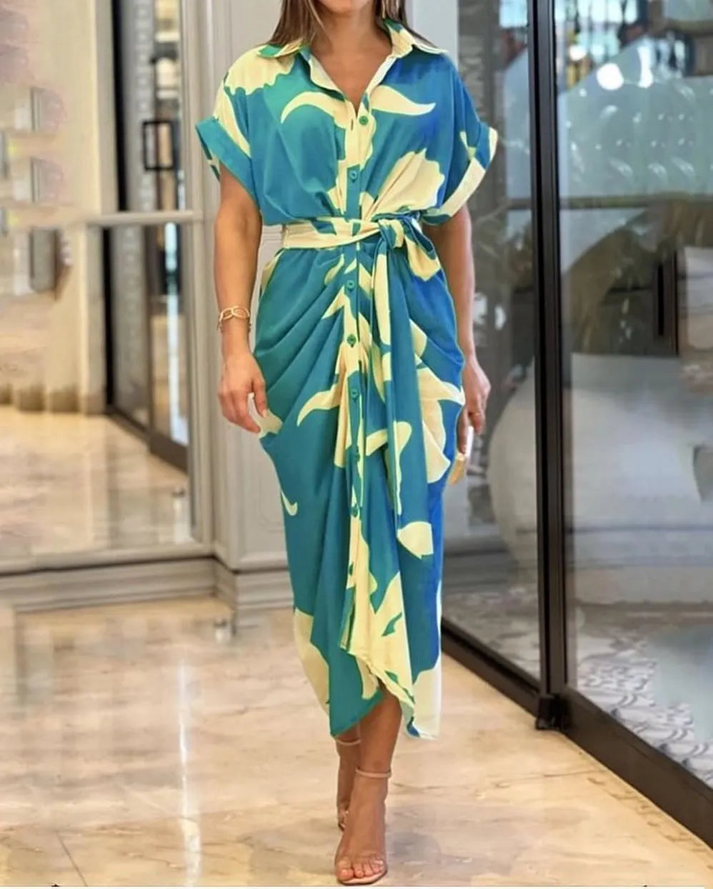 Printed Waist Cinching Shirt Dress