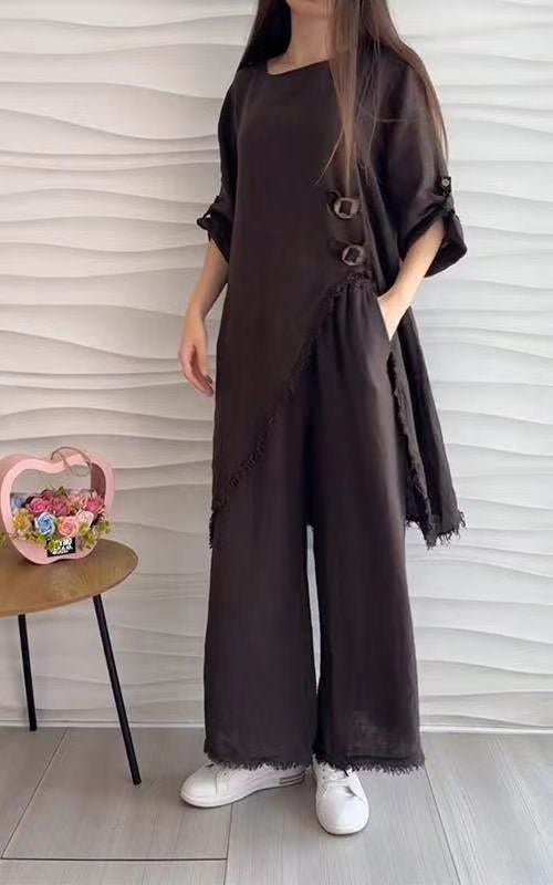 Women's Round Neck Long Cotton and Linen Suit