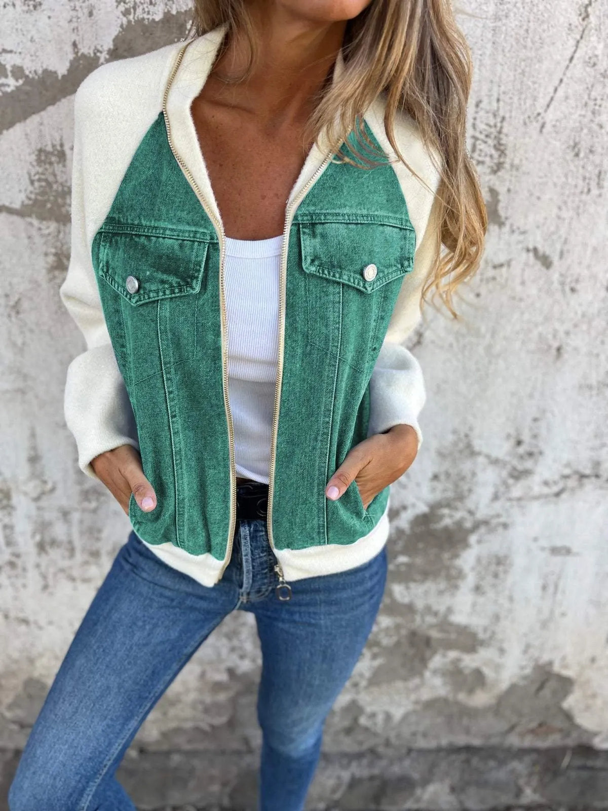 Patchwork Raglan Sleeves Denim Zipper Jacket (Buy 2 Free Shipping)