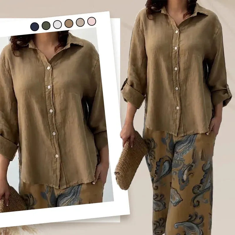 Women's Loose Shirt Cardigan & High-Waisted Pants Two-Piece Set
