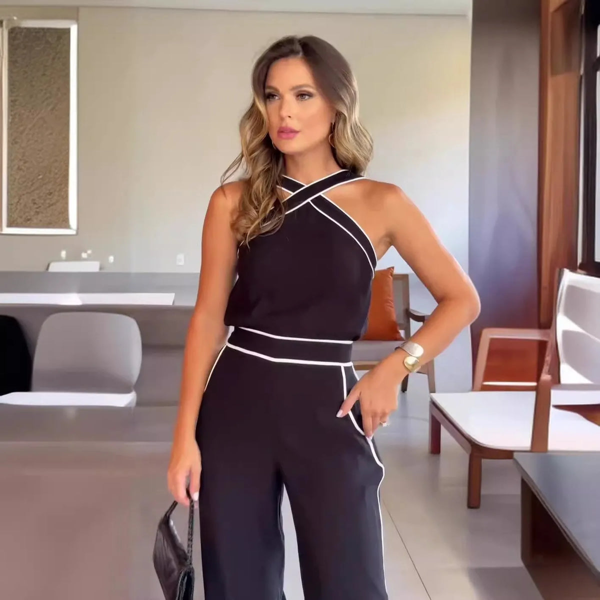 Crossover Slim Fit Halterneck High Waisted Pocket Jumpsuit Set