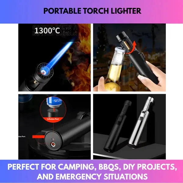 🎉Portable Torch Lighter-🔥 1300°C of Pure Power – Windproof, Refillable & Ready for Anything! 💨🍳🏕️