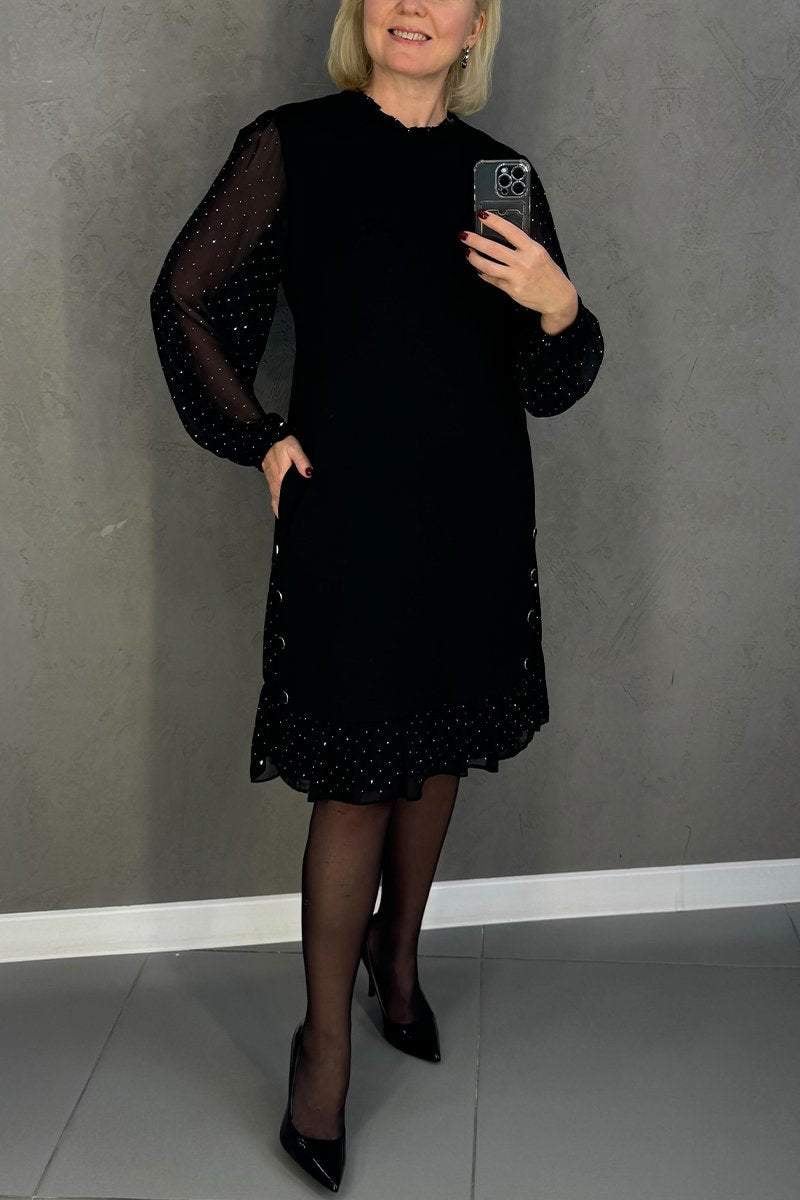 Women's Round Neck Black Hot Diamond Dress
