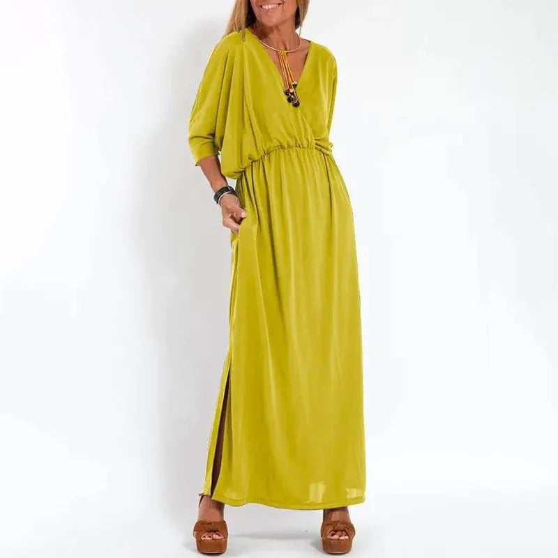 Elegant Solid Color High Waist V-Neck Maxi Dress