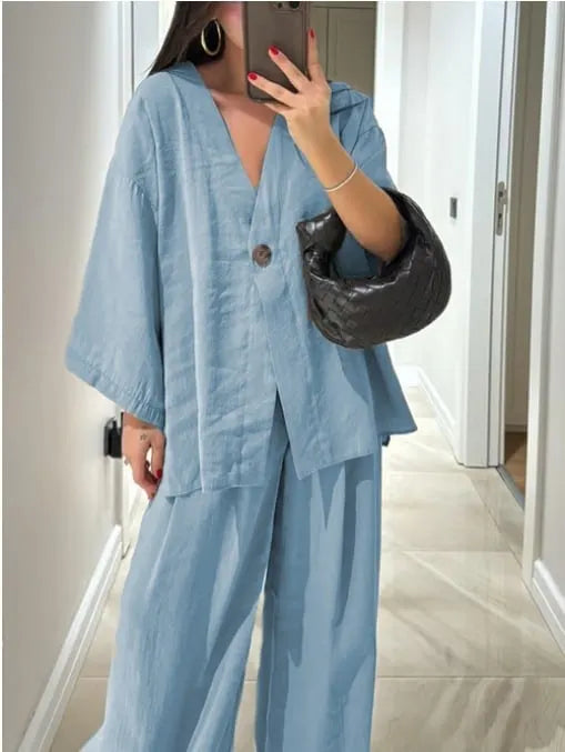 Solid color V-neck top and wide-leg pants set