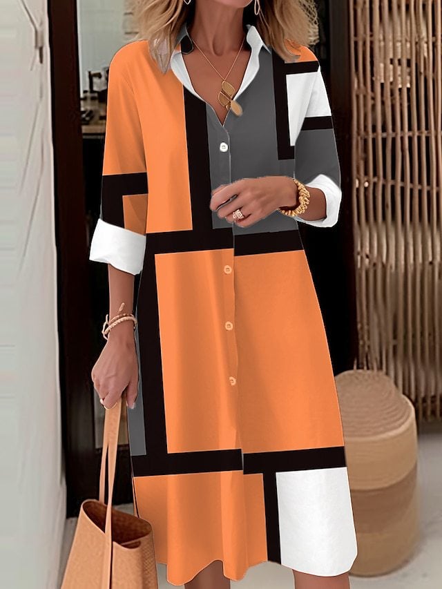 Women's Casual Loose Fit Geometric Plaid Shirt Dress