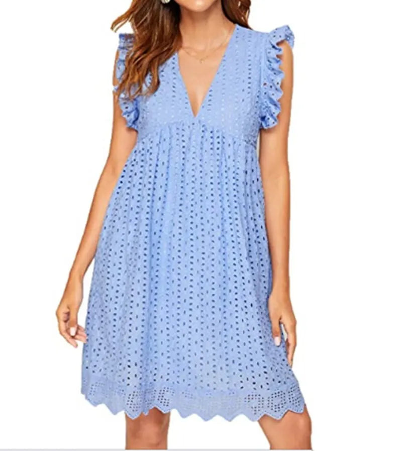 Women's Lace Jacquard Cutout Pocket Liner Shorts V Neck Plus Size Swing Dress
