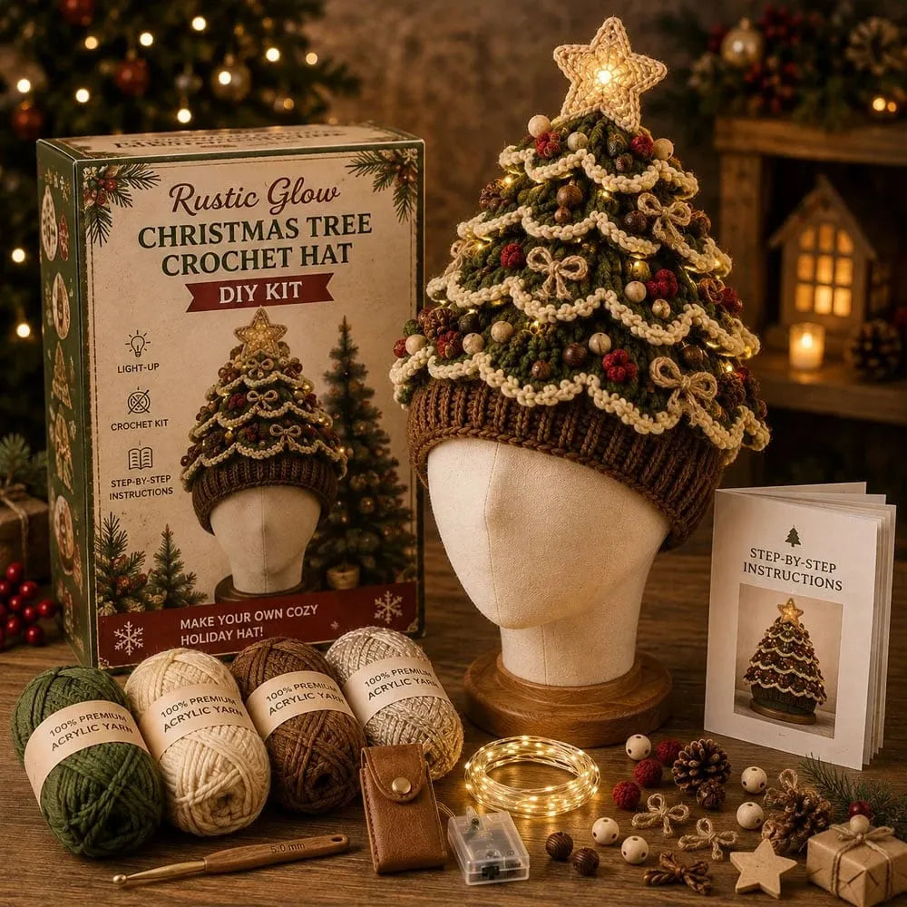🎉🎄Beginner-Friendly Light-Up Christmas Tree Crochet Hat DIY Kit | Complete Kit with Coordinated Yarn, LED Lights & Step-by-Step Guide Included 💕