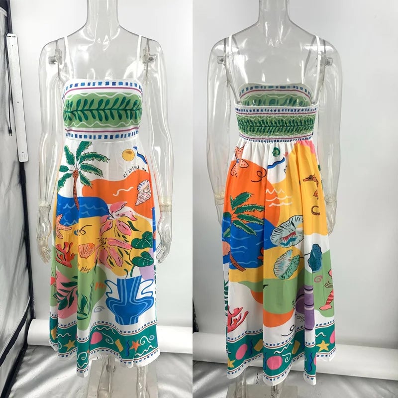 Women Long Printed Spaghetti Strap Dress