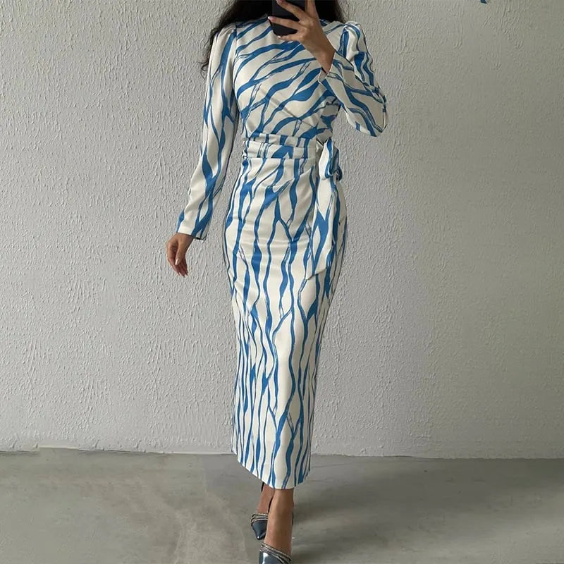 Graffiti Long Sleeve Striped Dress with Tie Waist - Slim Fit