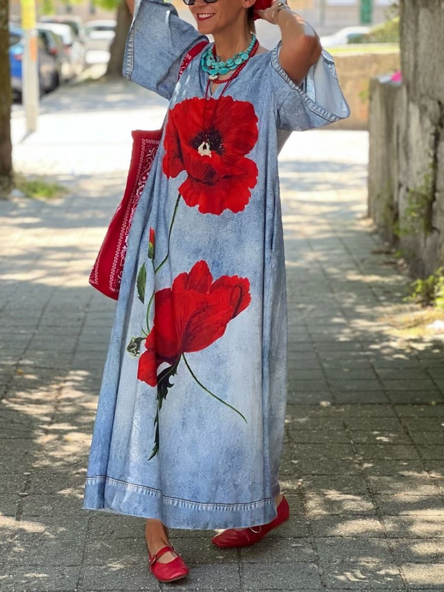 Flower Print Split Neck Loose Maxi Dress