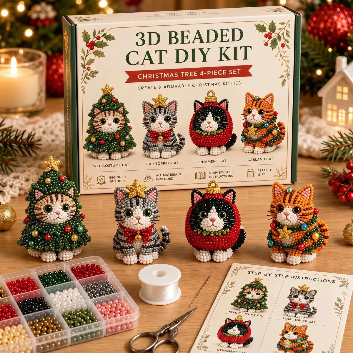 🎉🎄 Beginner-Friendly DIY 3D Christmas Beaded Ornament Kit | Complete 4-Piece Set with Glass Beads, All Tools & Step-by-Step Guide Included 💕